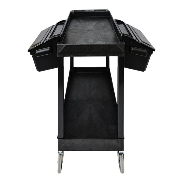A black plastic utility cart with two tub shelves and two outrigger bins on wheels.
