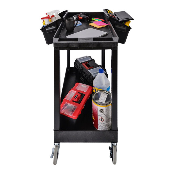 A black Luxor plastic utility cart with two tub shelves and two outrigger bins filled with various tools and supplies.