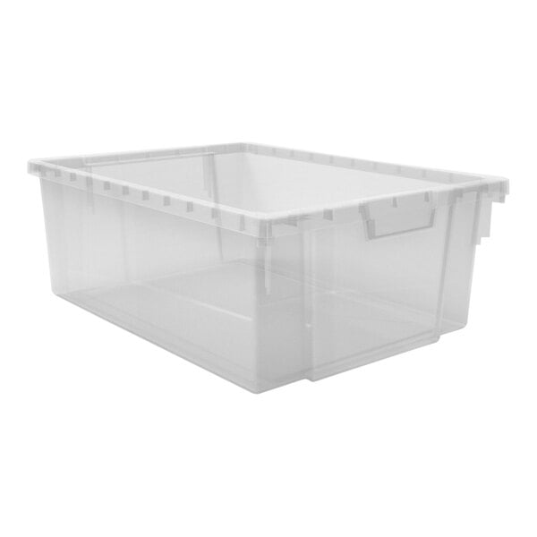 A clear plastic Luxor stackable storage bin with a lid.