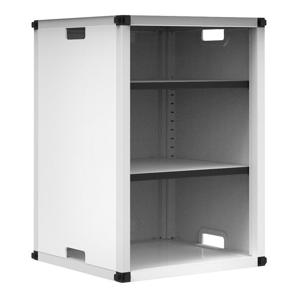 A white and black Luxor steel modular bookcase add-on with three shelves.