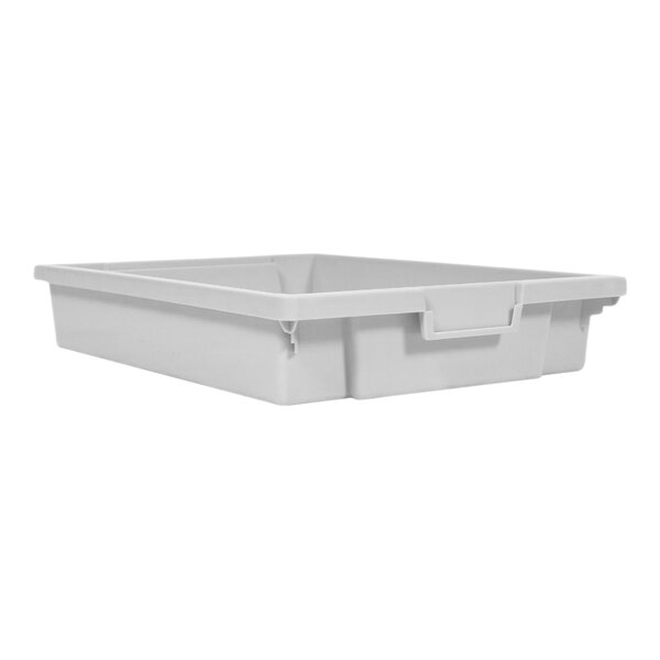 A gray plastic stackable storage bin with a handle.