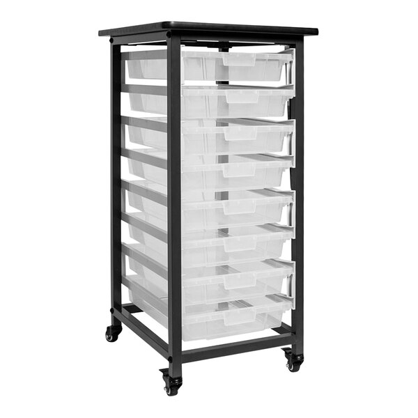 A black metal cart with 8 small clear plastic bins.