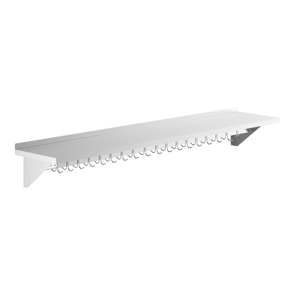 A white rectangular wall-mounted shelf with hooks.