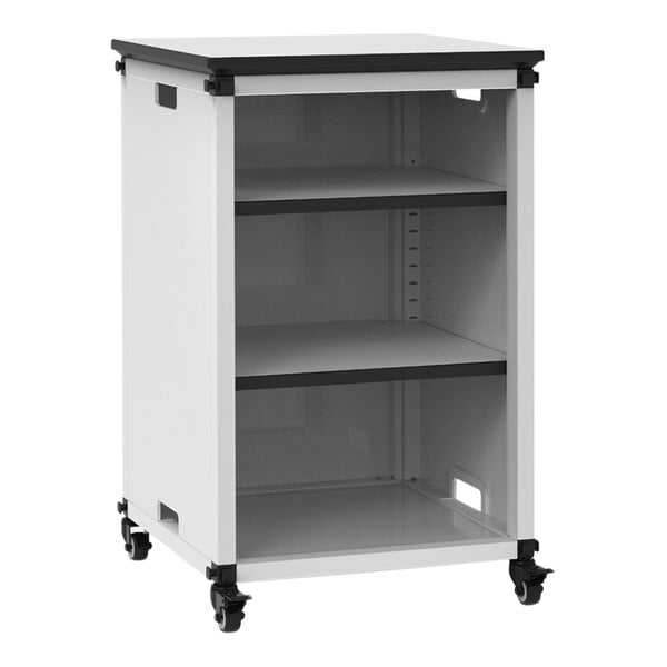 A white and black steel Luxor mobile classroom bookcase with wheels.