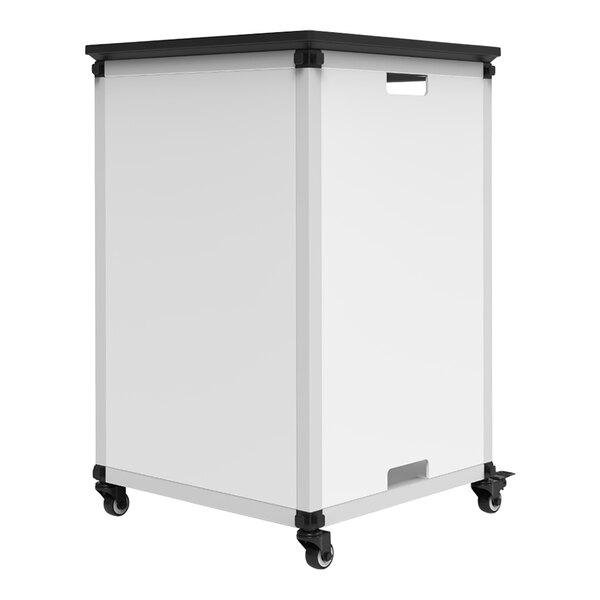 A white rectangular steel bookcase with black shelves and wheels.