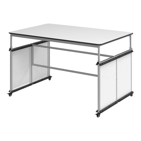 A white rectangular Luxor Makerspace and Science Lab table with a black base and wheels.