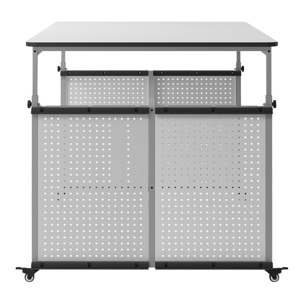 A white Luxor Modular Makerspace and Science Lab table with a white and grey surface and wheels.