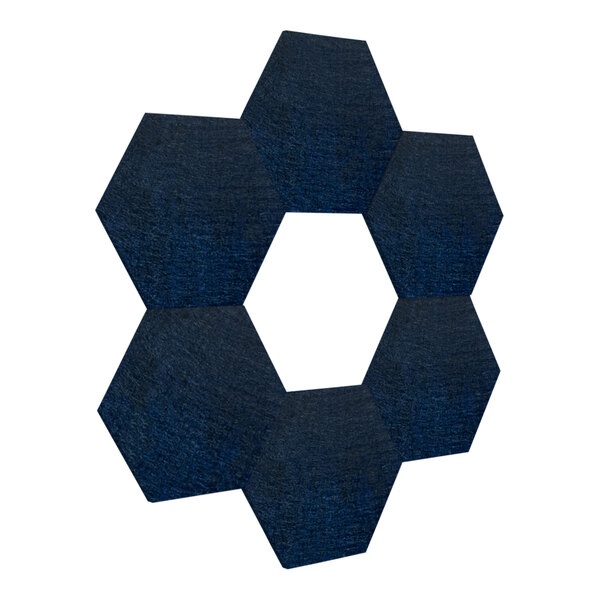 A close-up of a blue hexagon shaped acoustic wall panel.