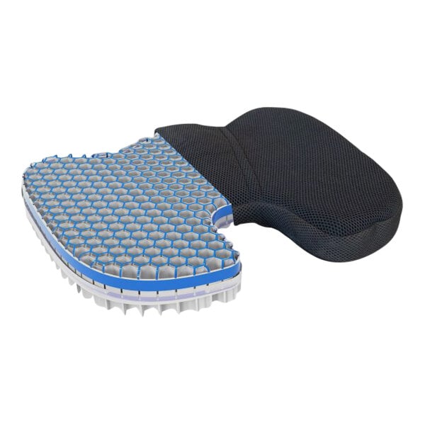A black and blue Luxor Gel chair cushion with a blue and white mesh insert.