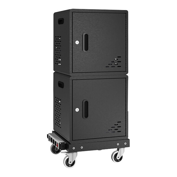 A black storage cabinet with wheels.