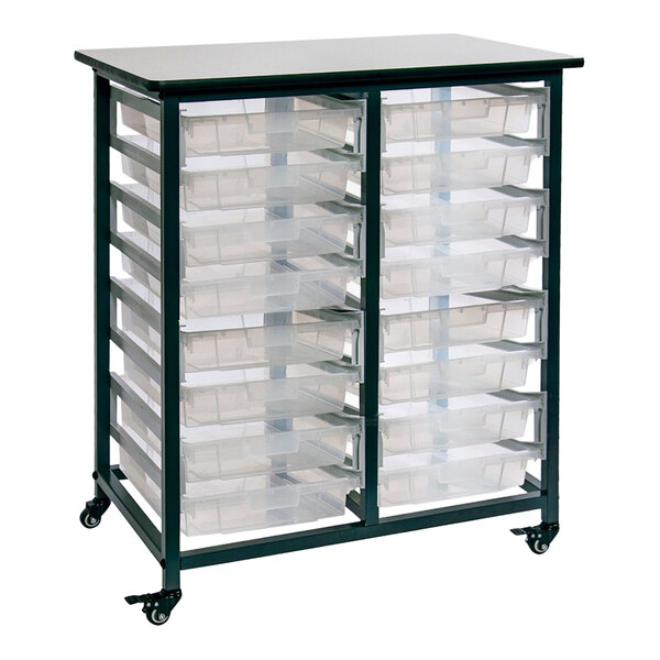 A black storage cart with clear plastic bins on each shelf.