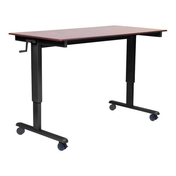 A black 48" stand up desk with wheels.