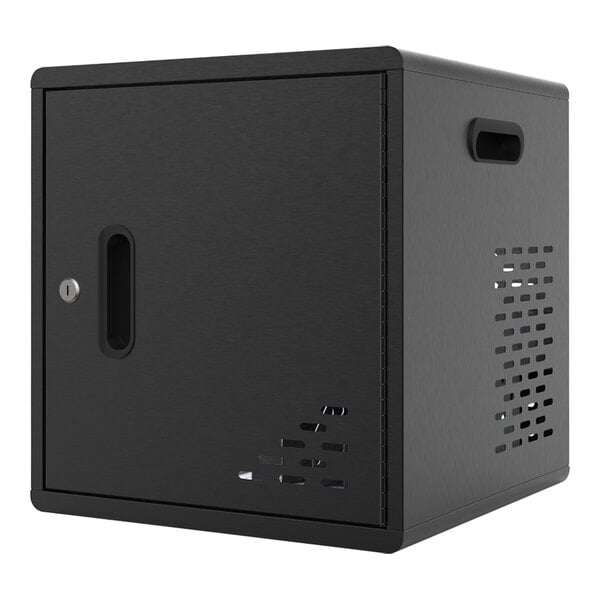 A black Luxor modular charging cabinet with a keyhole.