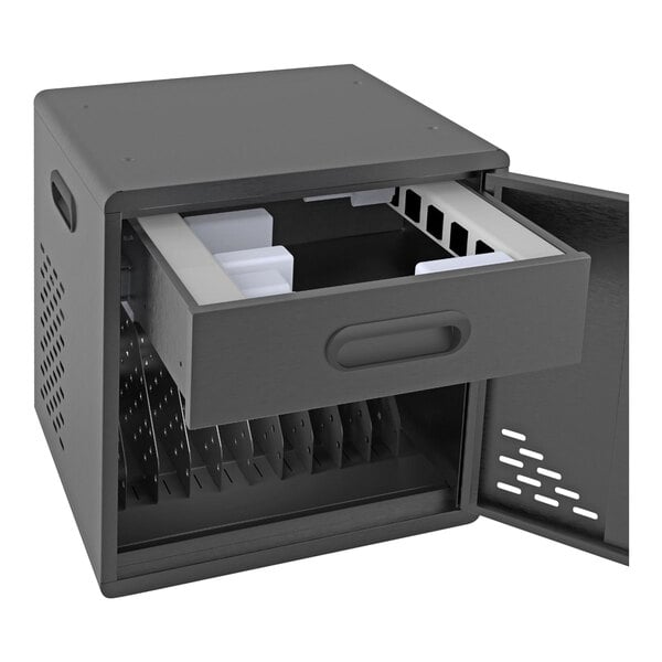 A black Luxor modular charging cabinet with an open drawer.