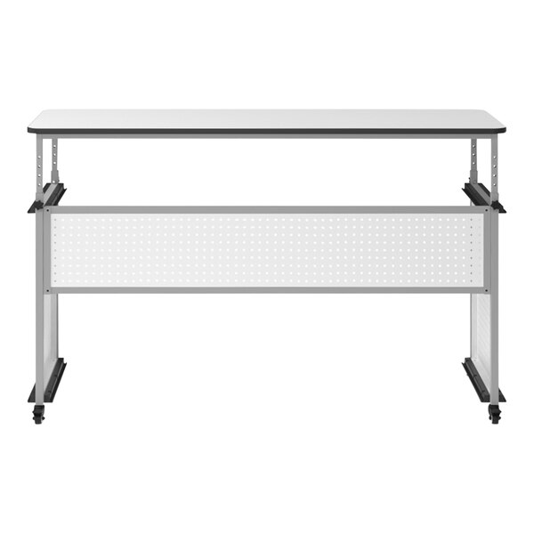A white Luxor teacher desk with a black base and wheels.