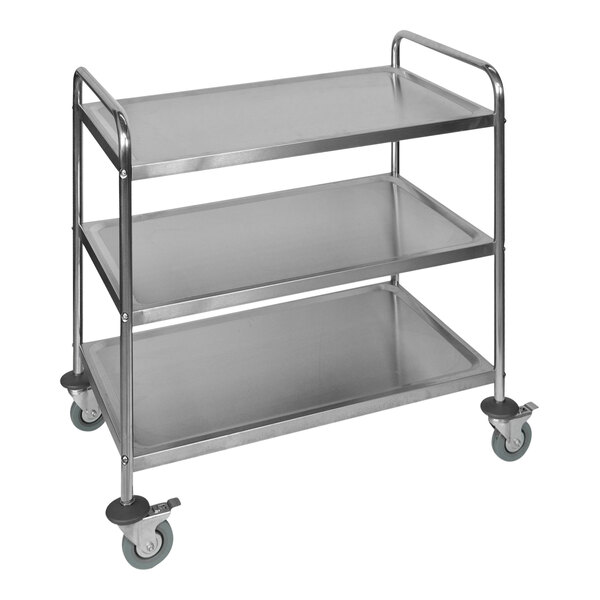 A Luxor stainless steel utility cart with three shelves.