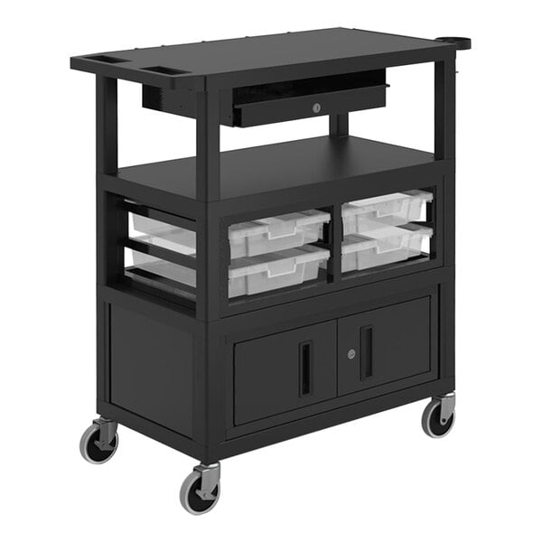 A black Luxor teacher cart with drawers on wheels.