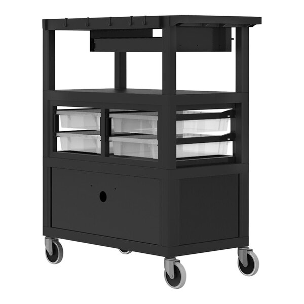 A black Luxor teacher cart with three shelves on wheels.