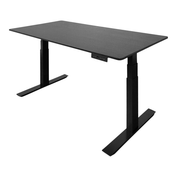 A black 3-stage dual motor electric stand up desk with black legs and top.