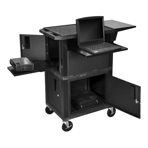 A black 41"H laptop and computer presentation station with cabinets on wheels.