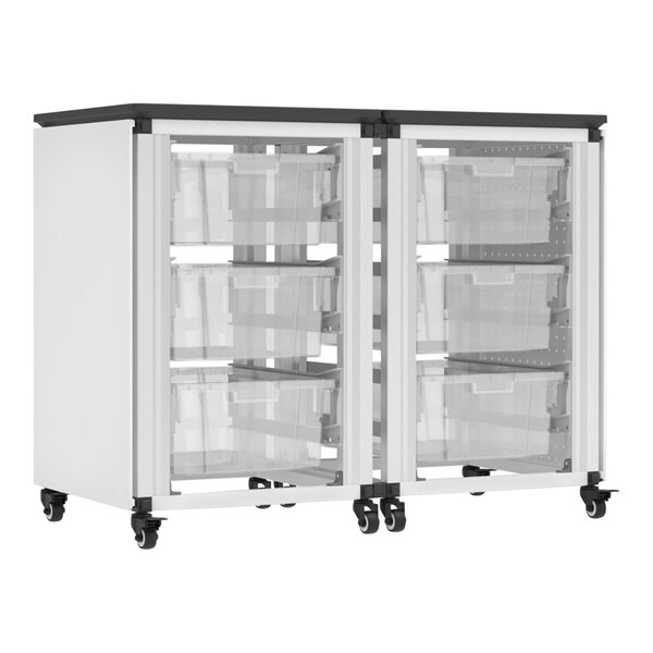 A white and black Luxor storage cabinet with double side-by-side storage and whiteboard and pegboard on front.