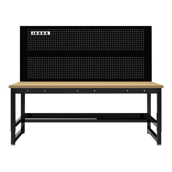 A black workbench with a natural wood top and black legs.
