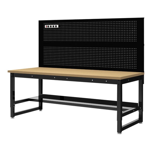 A Luxor black steel workbench with natural wood top.