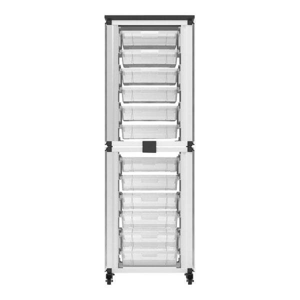 A Luxor white and black metal storage cabinet with white bins on a shelf.