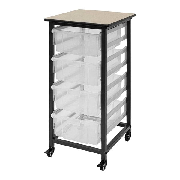 A black and grey rolling storage cart with plastic bins on wheels.