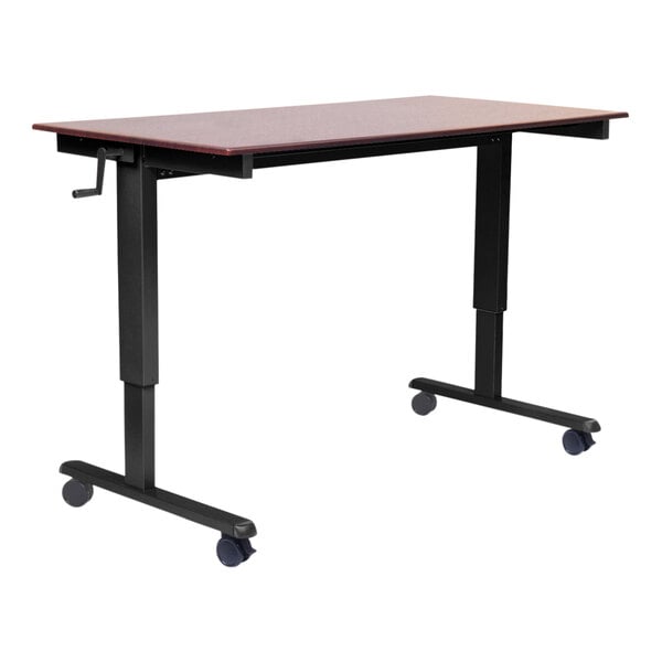 A black table with wheels and a crank adjuster.