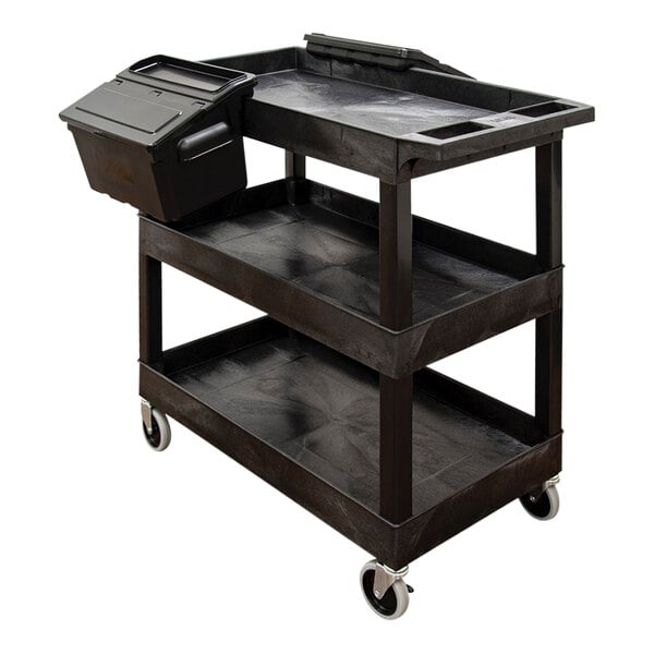 A black Luxor plastic utility cart with two shelves and two black bins on top.