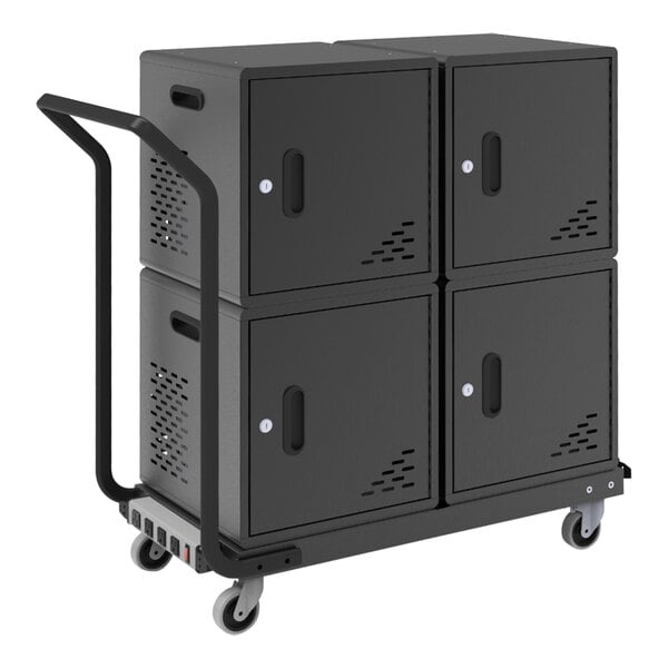 A black storage cart with four black lockers.