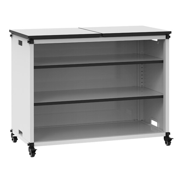 A white and black metal Luxor mobile classroom bookshelf with wheels.