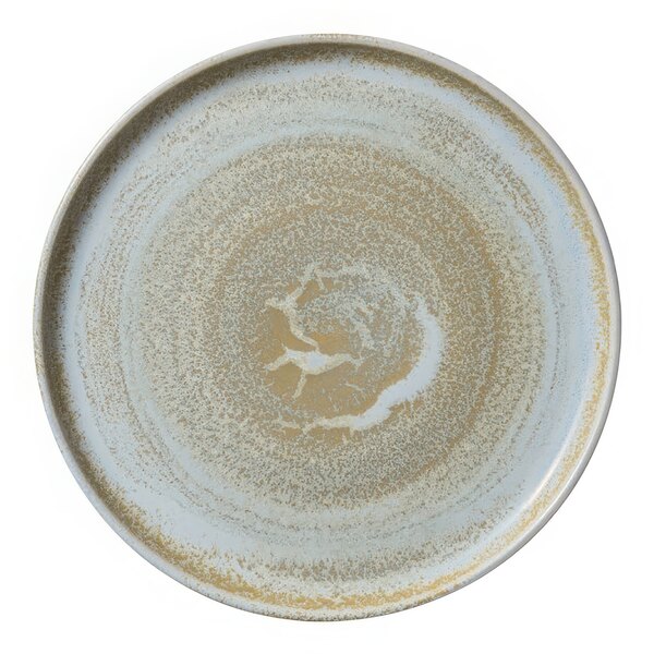 A white porcelain plate with a raised rim and speckled design.