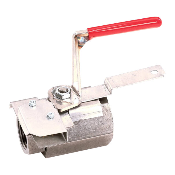 A Frymaster stainless steel dual vat drain valve with a metal and red handle.