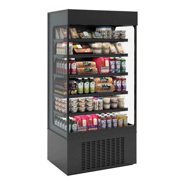 A black Hussmann vertical open air curtain merchandiser with food and drinks on shelves inside.