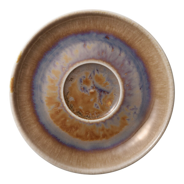 A close-up of a Heart & Soul Oyster Porcelain saucer with a colorful swirl pattern.
