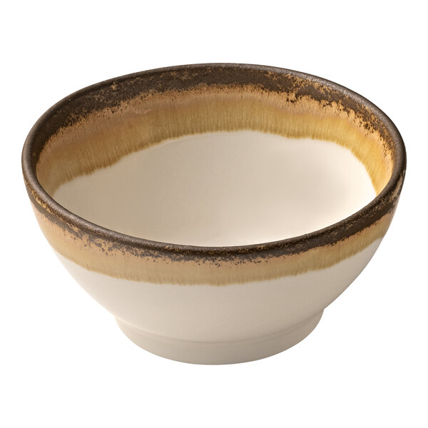 A Heart & Soul porcelain bowl with brown stripes on the rim.