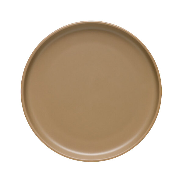 A close-up of a Libbey Driftstone sand satin matte porcelain coupe plate.