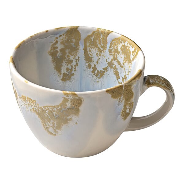 A white porcelain coffee cup with a gold rim.