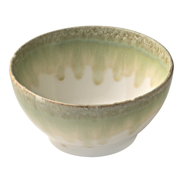 A Heart & Soul porcelain bowl with a white rim and green and white speckles.