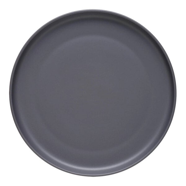 A grey Libbey Driftstone porcelain plate with a black rim.