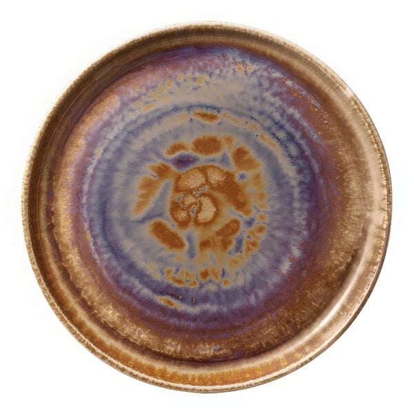 A close up of a brown and purple Heart & Soul porcelain plate with a swirl design on the raised rim.