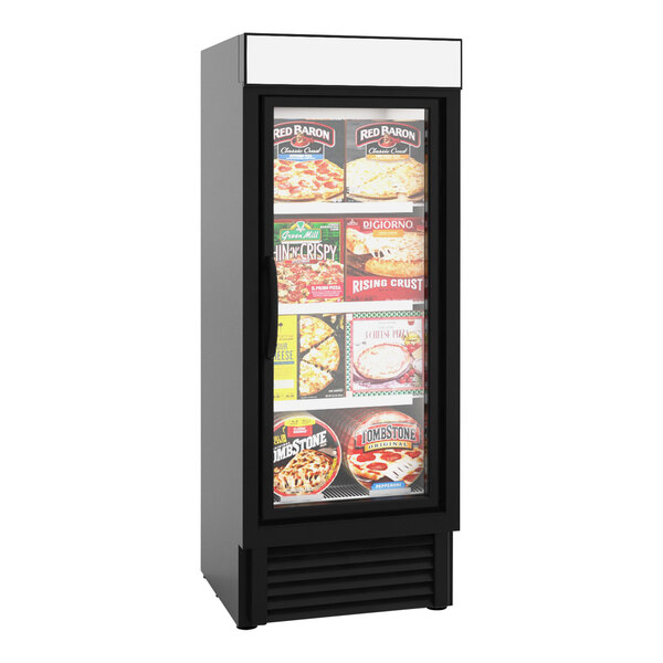 A black Hussmann glass door reach-in merchandiser freezer with food inside.