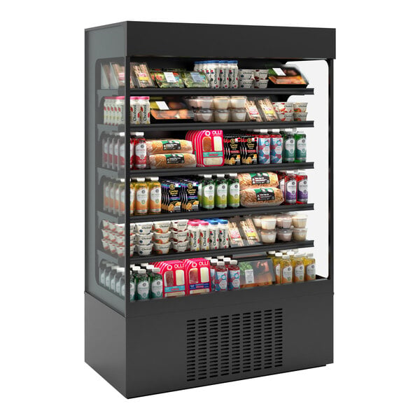 A black vertical open air curtain merchandiser with food and drinks inside.