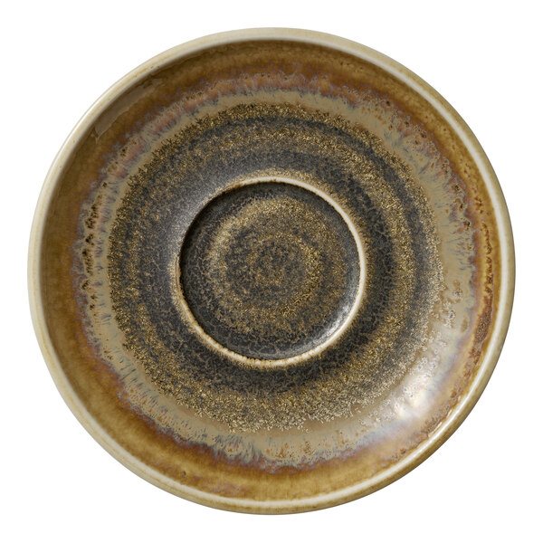 A brown and black porcelain saucer with a circular rim.