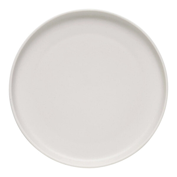 A white porcelain plate with a round rim.