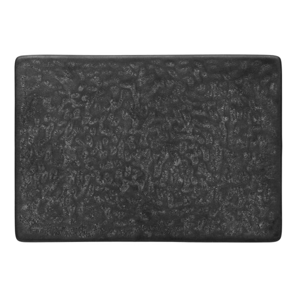 A black rectangular Libbey Ignea porcelain platter with a textured surface.