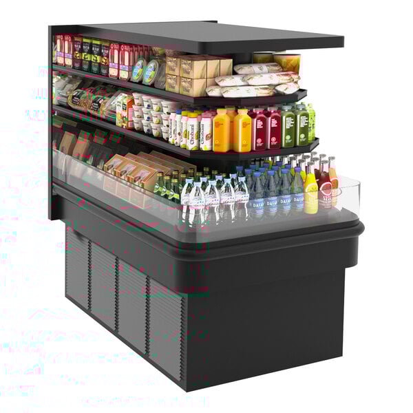 A black Hussmann Entyce island multi-deck display case with different products on it.