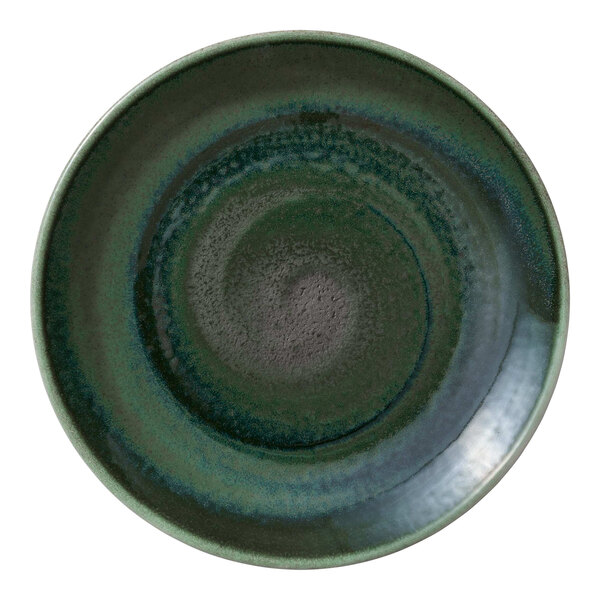 A green Heart & Soul porcelain coupe plate with a swirl pattern.